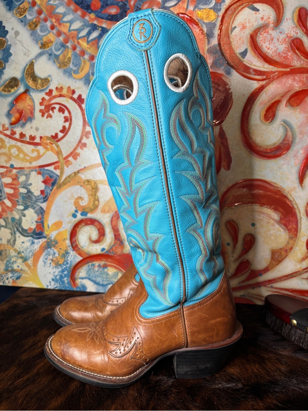 Tony Lama 3D Collection Turquoise Brown Leather Boots - Picture 3 of 9